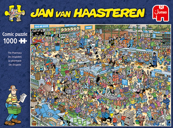 Jigsaw puzzle 'The Pharmacy' by Jan van Haasteren featuring a vibrant, chaotic scene filled with various characters, items, and humor in a pharmacy setting. The puzzle consists of 1000 pieces, showcasing detailed comic artwork with many engaging elements for puzzlers to explore.