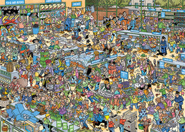 A vibrant jigsaw puzzle depicting a busy pharmacy scene filled with diverse characters engaged in various activities. The image features colorful shelves stocked with products, customers browsing, and a mix of joyful interactions, creating a lively marketplace atmosphere suitable for puzzle enthusiasts.