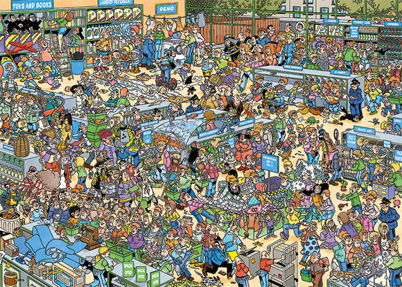 A vibrant jigsaw puzzle depicting a busy pharmacy scene filled with diverse characters engaged in various activities. The image features colorful shelves stocked with products, customers browsing, and a mix of joyful interactions, creating a lively marketplace atmosphere suitable for puzzle enthusiasts.