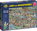 The Pharmacy jigsaw puzzle by Jan van Haasteren featuring a vibrant comic illustration of a bustling pharmacy scene filled with humorous characters and activities. The puzzle contains 1000 pieces, challenging and entertaining for puzzle enthusiasts. The box artwork showcases the colorful chaos of a busy pharmacy with customers, staff, and various items on display.