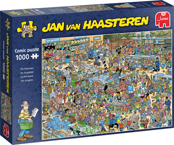 The Pharmacy jigsaw puzzle by Jan van Haasteren featuring a vibrant comic illustration of a bustling pharmacy scene filled with humorous characters and activities. The puzzle contains 1000 pieces, challenging and entertaining for puzzle enthusiasts. The box artwork showcases the colorful chaos of a busy pharmacy with customers, staff, and various items on display.