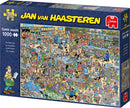 Box cover of the Jan van Haasteren jigsaw puzzle titled 'The Pharmacy'. The colorful illustration depicts a busy pharmacy scene filled with humorous characters and activities, featuring shelves of products, customers interacting, and a variety of amusing scenarios. Contains 1000 pieces, designed for puzzle enthusiasts.