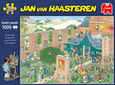Jigsaw puzzle titled 'The Art Market' featuring a colorful comic scene with various characters attending an art fair, surrounded by buildings and art displays. The puzzle is created by Jumbo and consists of 1000 pieces.