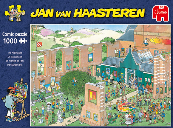 Jigsaw puzzle titled 'The Art Market' featuring a colorful comic scene with various characters attending an art fair, surrounded by buildings and art displays. The puzzle is created by Jumbo and consists of 1000 pieces.