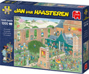 The Art Market jigsaw puzzle by Jumbo features a vibrant comic scene depicting an outdoor art market. It showcases various characters engaging in artistic activities, browsing artworks, and enjoying the colorful environment, ideal for puzzle enthusiasts.