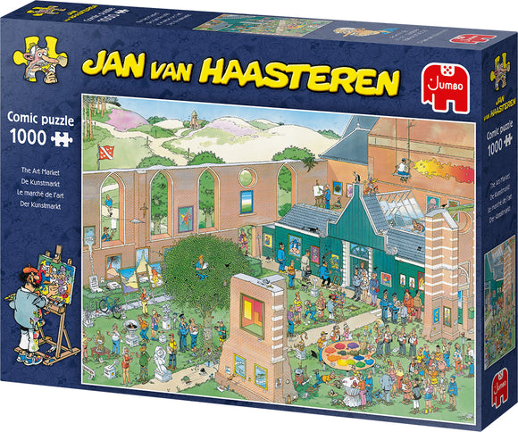 The Art Market jigsaw puzzle by Jumbo features a vibrant comic scene depicting an outdoor art market. It showcases various characters engaging in artistic activities, browsing artworks, and enjoying the colorful environment, ideal for puzzle enthusiasts.