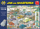 A colorful jigsaw puzzle box featuring the amusing illustration titled 'Jumbo Goes Shopping' by Jan van Haasteren. The scene depicts a bustling street filled with various cars, an elephant crossing, and a crowd of people engaging in diverse activities. The image also showcases the iconic Jumbo branding and the puzzle's details, including 'Comic puzzle 1000 pieces.'