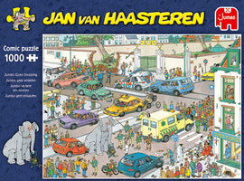 A colorful jigsaw puzzle box featuring the amusing illustration titled 'Jumbo Goes Shopping' by Jan van Haasteren. The scene depicts a bustling street filled with various cars, an elephant crossing, and a crowd of people engaging in diverse activities. The image also showcases the iconic Jumbo branding and the puzzle's details, including 'Comic puzzle 1000 pieces.'