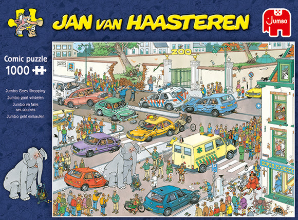 A colorful jigsaw puzzle box featuring the amusing illustration titled 'Jumbo Goes Shopping' by Jan van Haasteren. The scene depicts a bustling street filled with various cars, an elephant crossing, and a crowd of people engaging in diverse activities. The image also showcases the iconic Jumbo branding and the puzzle's details, including 'Comic puzzle 1000 pieces.'