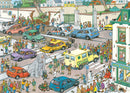 A colorful and detailed jigsaw puzzle illustration titled 'Jumbo Goes Shopping' by Jan van Haasteren. The scene captures a busy street with various cars, an elephant, and crowds of people near a zoo entrance. It's bustling with activity, featuring vehicles of different colors and a range of characters engaged in shopping and fun.