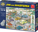 Jumbo Goes Shopping jigsaw puzzle by Jan van Haasteren featuring a vibrant and detailed comic scene. The image shows a busy shopping street, with crowds of quirky characters, colorful cars, and an elephant amidst the chaos. Perfect for puzzle enthusiasts and fans of humorous art.
