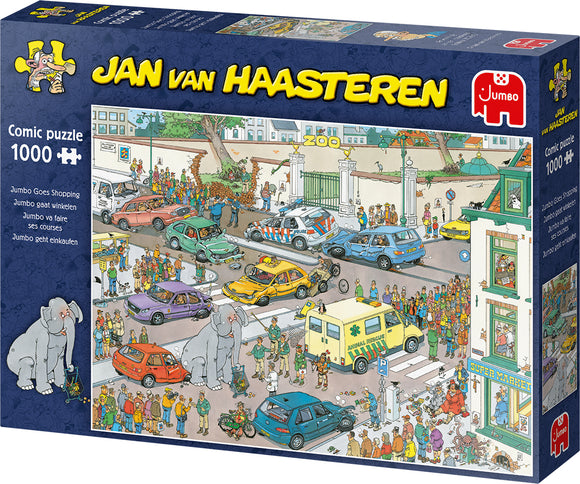 Jumbo Goes Shopping jigsaw puzzle by Jan van Haasteren featuring a vibrant and detailed comic scene. The image shows a busy shopping street, with crowds of quirky characters, colorful cars, and an elephant amidst the chaos. Perfect for puzzle enthusiasts and fans of humorous art.