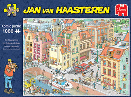 The Missing Piece jigsaw puzzle by Jan van Haasteren featuring a vibrant, detailed comic scene with buildings, boats, and various humorous characters engaged in activities. Ideal for puzzle enthusiasts, this 1000-piece puzzle offers a fun challenge and intricate artwork.