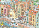Jan van Haasteren's jigsaw puzzle titled 'The Missing Piece' featuring a colorful, bustling city scene with numerous detailed characters engaged in various activities around buildings and a canal. It showcases vibrant rooftops, vehicles, and lively interactions among people, inviting a closer look at each element.