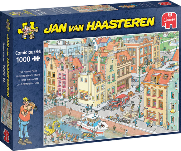 The Missing Piece jigsaw puzzle by Jan van Haasteren featuring a colorful comic-style illustration of a bustling town scene with various characters, buildings, and activities. It consists of 1000 pieces, designed to provide hours of entertainment and challenge for puzzle enthusiasts.