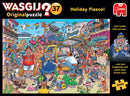 Wasgij Original 37: Holiday Fiasco! jigsaw puzzle by Jumbo featuring a vibrant and chaotic holiday scene. It showcases various characters, animals, and humorous events unfolding around a taxi surrounded by holiday luggage, while people engage in comical activities.
