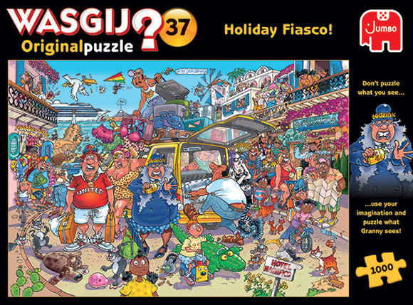 Wasgij Original 37: Holiday Fiasco! jigsaw puzzle by Jumbo featuring a vibrant and chaotic holiday scene. It showcases various characters, animals, and humorous events unfolding around a taxi surrounded by holiday luggage, while people engage in comical activities.