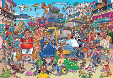 Wasgij Original 37: Holiday Fiasco! jigsaw puzzle featuring a chaotic vacation scene filled with colorful characters, luggage, animals, and humorous antics. The vibrant illustration showcases a bustling tropical setting with a variety of amusing and intricate details, inviting puzzle enthusiasts to piece together the lively mishap.