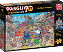 Wasgij Original 37: Holiday Fiasco! jigsaw puzzle box featuring a vibrant cartoon scene of a chaotic holiday setting, complete with colorful characters, various animals, and a busy beach backdrop. The puzzle challenges players to use their imagination to piece together what Granny sees, promoting a fun and engaging puzzle experience.