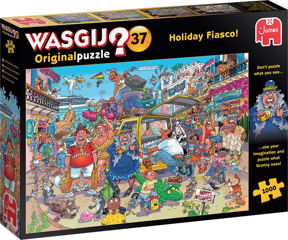 Wasgij Original 37: Holiday Fiasco! jigsaw puzzle box featuring a vibrant cartoon scene of a chaotic holiday setting, complete with colorful characters, various animals, and a busy beach backdrop. The puzzle challenges players to use their imagination to piece together what Granny sees, promoting a fun and engaging puzzle experience.