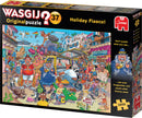 Wasgij Original 37: Holiday Fiasco! features an amusing and chaotic holiday scene illustrated on the jigsaw puzzle box. The image shows various characters engaging in funny antics, mishaps, and a colorful, vibrant backdrop of a vacation destination. The box includes a whimsical reminder to puzzle what Granny sees, inspiring imaginative thinking. This 1000-piece puzzle provides hours of entertainment and challenge for puzzle enthusiasts.