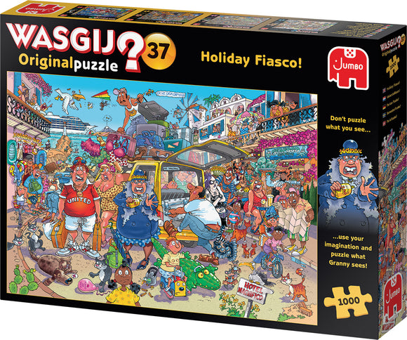 Wasgij Original 37: Holiday Fiasco! features an amusing and chaotic holiday scene illustrated on the jigsaw puzzle box. The image shows various characters engaging in funny antics, mishaps, and a colorful, vibrant backdrop of a vacation destination. The box includes a whimsical reminder to puzzle what Granny sees, inspiring imaginative thinking. This 1000-piece puzzle provides hours of entertainment and challenge for puzzle enthusiasts.