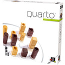 Quarto game by Gigamic, showcasing wooden game pieces in various shapes and colors. The box displays a white background with vibrant graphics, emphasizing strategy and fun for ages 8 and up. Perfect for family game nights.