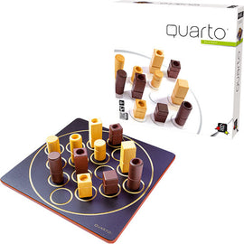 Quarto game by Gigamic displayed with the box and game board. The game features a grid with 16 wooden pieces in varying shapes and colors, including tall and short, solid and hollow. The objective is to align four pieces with a common attribute.