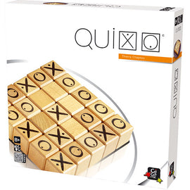 Quixo by Gigamic is an engaging wooden board game designed by Thierry Chapeau. The box features a clear view of the game pieces, which are wooden cubes marked with Xs and Os, arranged in a grid layout. Suitable for ages 8 and up, this strategic game challenges players to think ahead and outsmart their opponents.