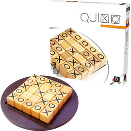 Quixo game by Gigamic displayed with wooden blocks arranged in a grid with X and O symbols. The game is suitable for ages 8 and up and encourages strategic thinking and fun.