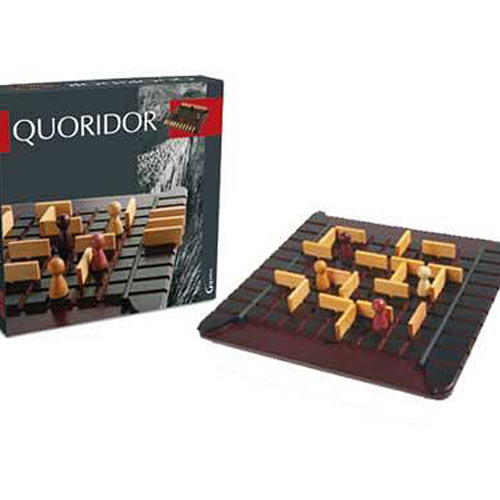 Quoridor game by Gigamic, featuring a compact game board with a grid layout. The board showcases wooden pawns in various colors and multiple barriers placed across the board, illustrating a strategic game setup. The box displays the game title prominently.
