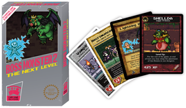 Boss Monster 2: The Next Level by Brotherwise Games showcases a vibrant box design featuring a retro-style dragon character. Included are cards displaying various characters and spells, such as SHELLDA, the Kappa Princess, and others, enhancing the gameplay experience in this strategic card game for 2-4 players.