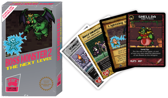 Boss Monster 2: The Next Level by Brotherwise Games showcases a vibrant box design featuring a retro-style dragon character. Included are cards displaying various characters and spells, such as SHELLDA, the Kappa Princess, and others, enhancing the gameplay experience in this strategic card game for 2-4 players.