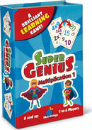 Super Genius: Multiplication 1 game by Blue Orange U.S.A. The colorful box features illustrations of superhero characters and math equations, promoting fun learning for children aged 8 and up. Suitable for 1 to 6 players, designed to enhance multiplication skills.
