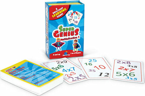 The Super Genius: Multiplication 1 game by Blue Orange U.S.A. features a colorful box showcasing multiplication equations with a vibrant design. The game includes cards laid out displaying various multiplication problems, promoting learning through fun. Ideal for 2 or more players, it emphasizes brilliant educational gaming.