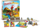 The Queendomino board game by Blue Orange U.S.A. features a vibrant box design with a castle, a knight, and colorful terrain tiles. The game includes various components such as meeples, coins, and scoring sheets. Players build their kingdom by strategically placing tiles to expand their territory and accumulate points. Ideal for family game nights or gatherings.