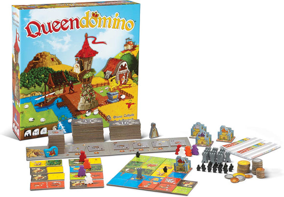 The Queendomino board game by Blue Orange U.S.A. features a vibrant box design with a castle, a knight, and colorful terrain tiles. The game includes various components such as meeples, coins, and scoring sheets. Players build their kingdom by strategically placing tiles to expand their territory and accumulate points. Ideal for family game nights or gatherings.