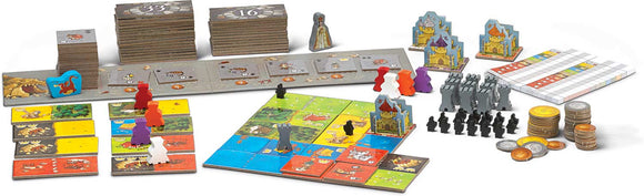 Queendomino board game by Blue Orange U.S.A. featuring colorful tiles and game pieces. The image shows the game board, various tiles, player pieces in different colors, coins, and score sheets, all arranged for gameplay, highlighting its vibrant design and strategic elements.