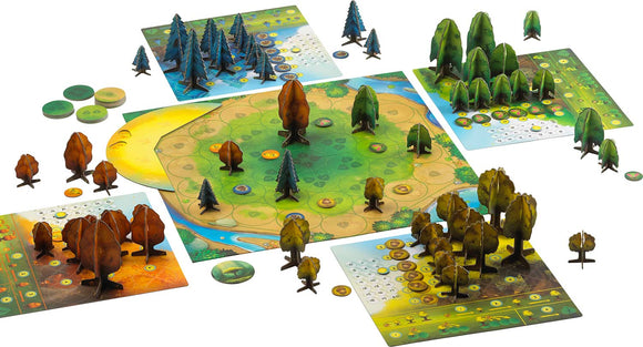 Photosynthesis board game by Blue Orange U.S.A. featuring a vibrant game board with tree tokens in various colors. The game includes hexagonal spaces for planting trees, scoring markers, and resource tokens, set against a backdrop of lush greenery and a winding river. Visual elements display a dynamic environment promoting strategic gameplay centered around tree growth and sunlight harvesting.
