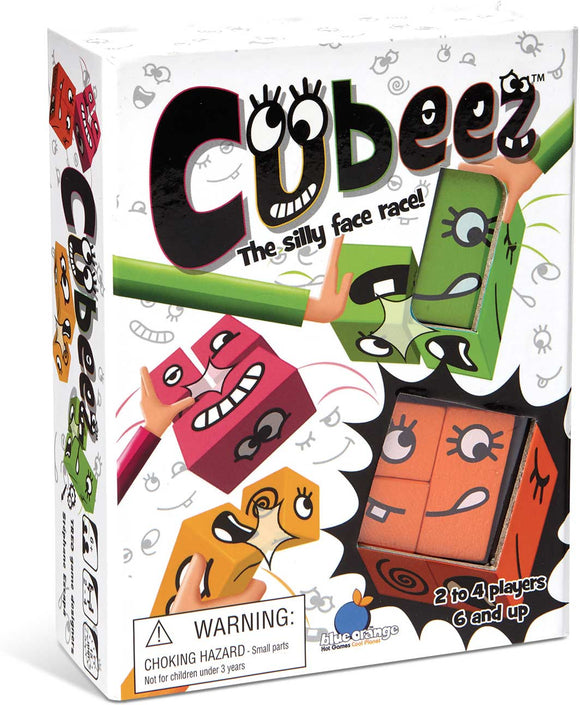 Cubeez game by Blue Orange U.S.A. featuring a colorful box design with playful cartoon faces on multi-colored cubes. Designed for 2 to 4 players aged 6 and up, this game promotes fun and silliness. The box includes a warning about choking hazards due to small parts.