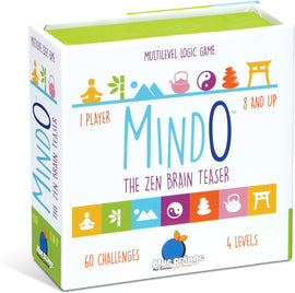 Mindo Zen, a mechanical puzzle from Blue Orange U.S.A. The packaging features colorful icons representing challenges. Designed for one player, ages 8 and up, it offers 60 different brain-teasing challenges across four levels of difficulty, encouraging logical thinking and problem-solving skills.