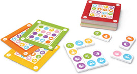 Mindo Zen by Blue Orange U.S.A. is a vibrant mechanical puzzle featuring a colorful set of tiles and cards. The game includes multiple patterned cards with symbol tiles representing various elements. It encourages strategic thinking and problem-solving skills, ideal for ages 8 and up.