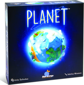 The game 'Planet' by Blue Orange U.S.A. features a vibrant and colorful box design showcasing a 3D representation of Earth. The planet is decorated with various animals and lush greenery, set against a starry blue background. The title 'PLANET' is prominently displayed in bold, bright letters.