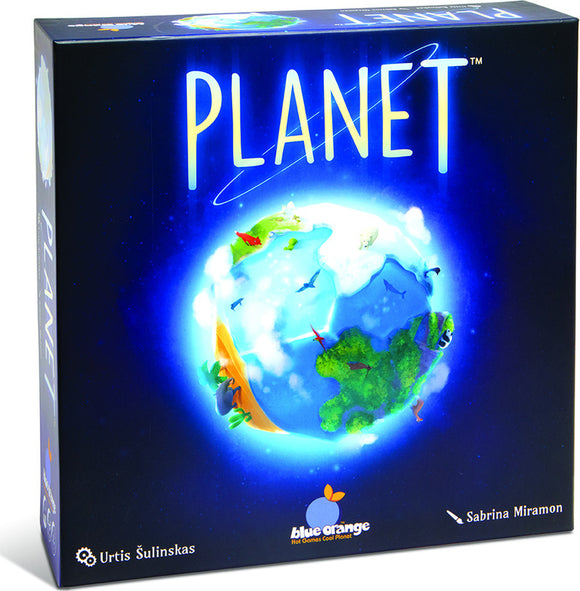 The game 'Planet' by Blue Orange U.S.A. features a vibrant and colorful box design showcasing a 3D representation of Earth. The planet is decorated with various animals and lush greenery, set against a starry blue background. The title 'PLANET' is prominently displayed in bold, bright letters.