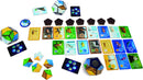 The game 'Planet' by Blue Orange U.S.A. is displayed with colorful game pieces including cards featuring animals, hexagonal tokens, and a globe-shaped game piece. The background is white, enhancing the vibrant colors of the game components, designed to engage players in an interactive experience.