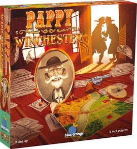 Pappy Winchester board game created by Blue Orange U.S.A. The box features colorful artwork showing a tall man with a white mustache, a revolver, and various stacks of money. The game is designed for 2 to 5 players and is suitable for ages 8 and up, set in a lively Western theme.