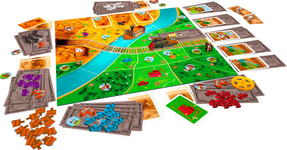 Pappy Winchester game by Blue Orange U.S.A. featuring a colorful, detailed game board of a wild west theme, with various tokens, money, and cards arranged around it, designed for interactive play.