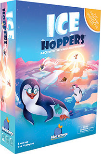 Ice Hoppers game by Blue Orange U.S.A. features colorful graphics with playful penguins on icy terrain. It is designed for 2 to 4 players, ages 5 and up, promoting family-friendly fun and strategy.