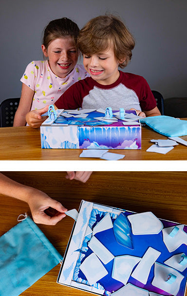 Children joyfully playing Ice Hoppers game by Blue Orange U.S.A., featuring an ice-themed game board with various pieces. The box is open, showing colorful components, while players are engaged and having fun together.