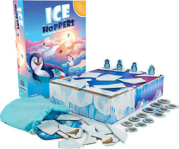 Ice Hoppers game by Blue Orange U.S.A. featuring a colorful box with a penguin on the cover, game pieces including ice tiles and penguin figures, and a fabric bag. Perfect for family fun and strategy gameplay.